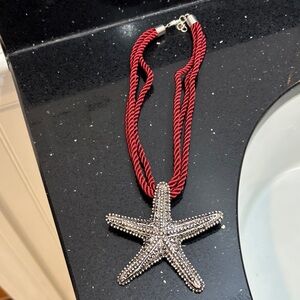 NWOT Zara Red Rope Necklace with Silver Starfish Pendant